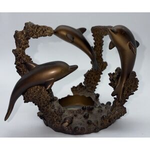 VTG Partylite Dolphin Dolphins Bronze Tone Candle Holder Tealite Decor 1980's